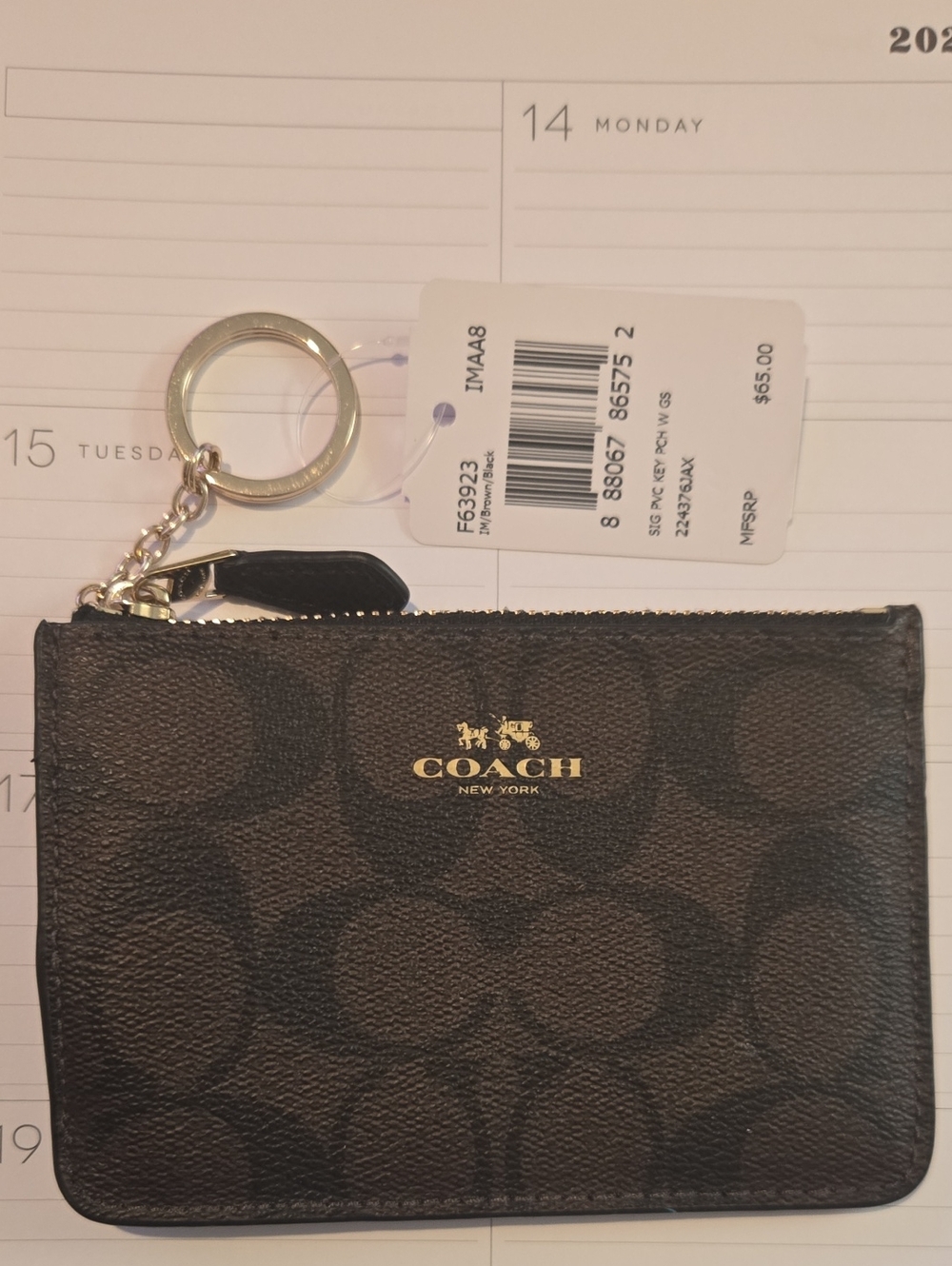 Coach Black Signature Zip Card Holder with Keyring